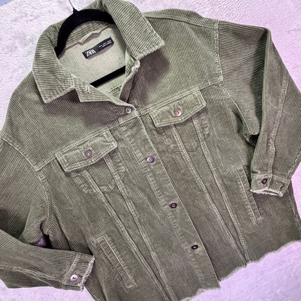 Zara Women Jacket S Olive Green Corduroy Oversized Raw Hem Button Front Shacket